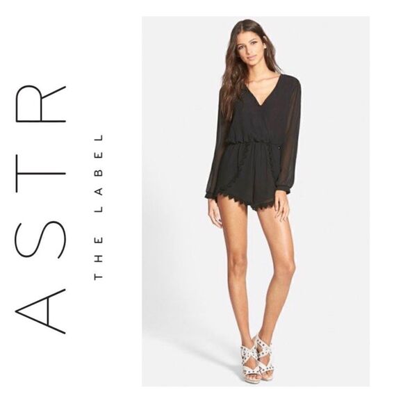 ASTR Scalloped Lace Trim Sheer Long Sleeve Plunging Surplice Neckline Romper - Picture 1 of 13